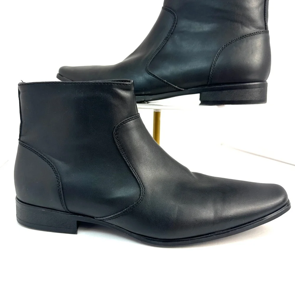 Side Zip Square Toe Dress Boots Mens 11.5 Black Faux Leather Sleek Stylish